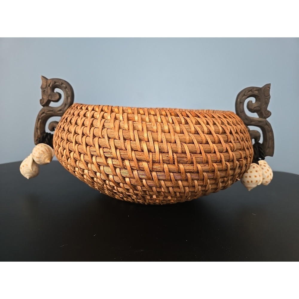Collectable Hand Woven Rattan Wicker Round Basket Ornate Wooden Handles Vintage